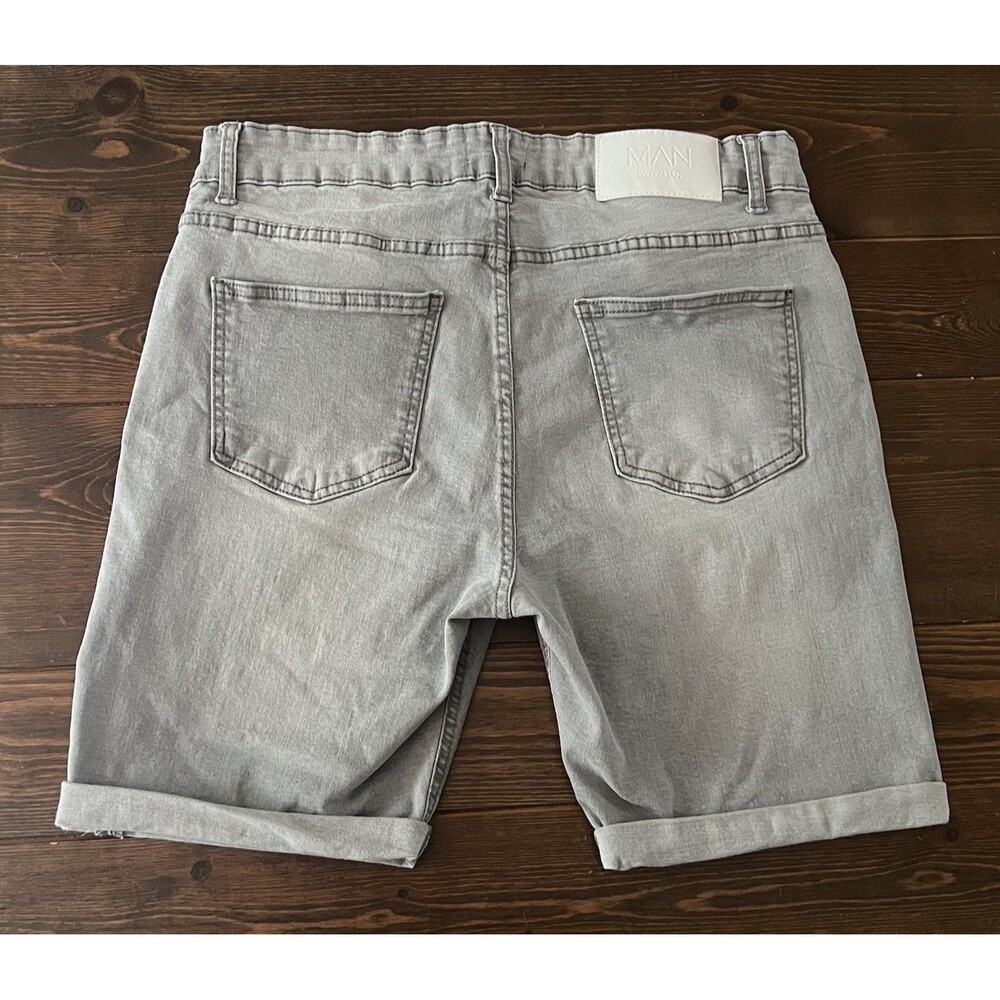 Boohoo MAN Stretch Denim Button Fly Shorts Light Wash Grey Men’s 32